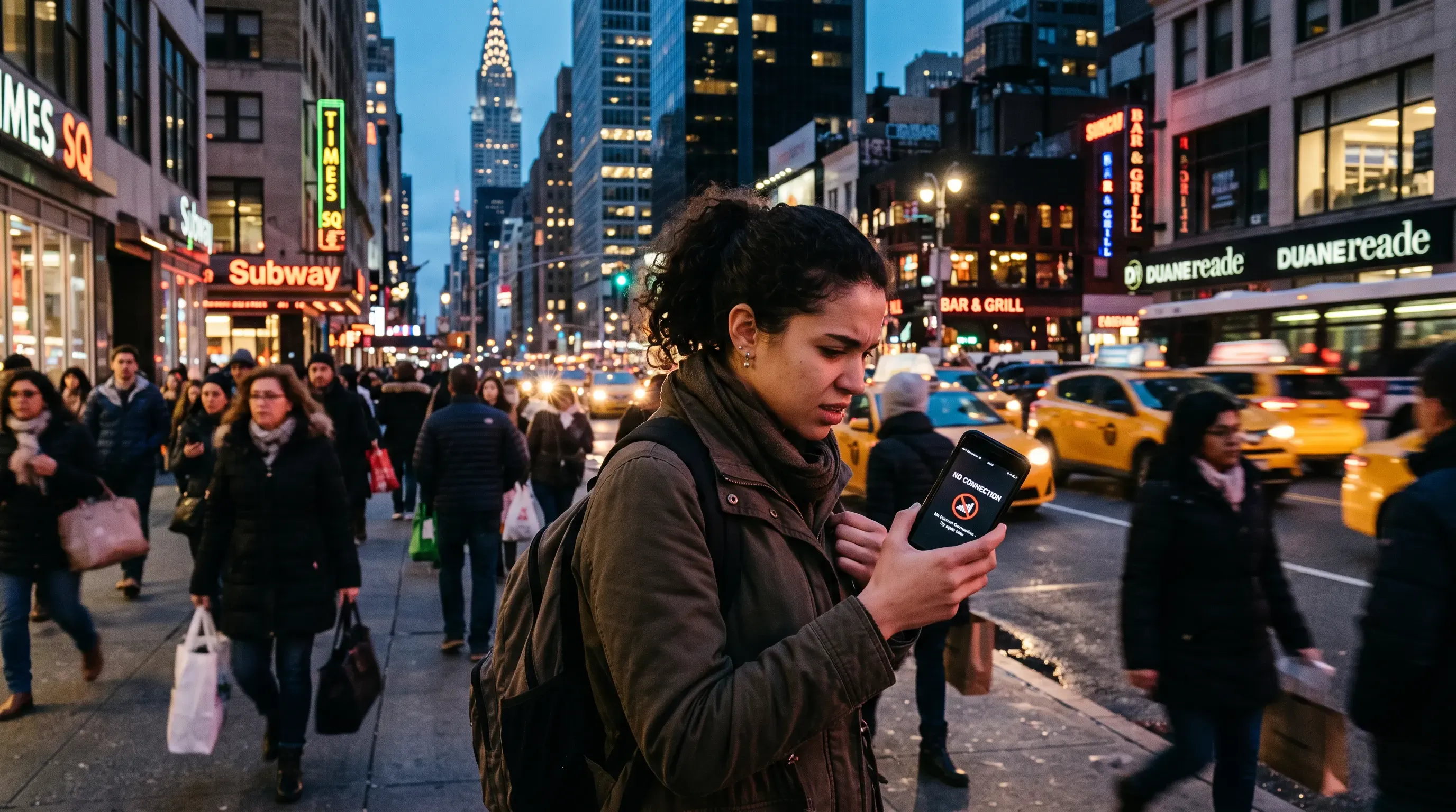 A person in a crowded city street at dusk looks at a phone screen showing no connection.