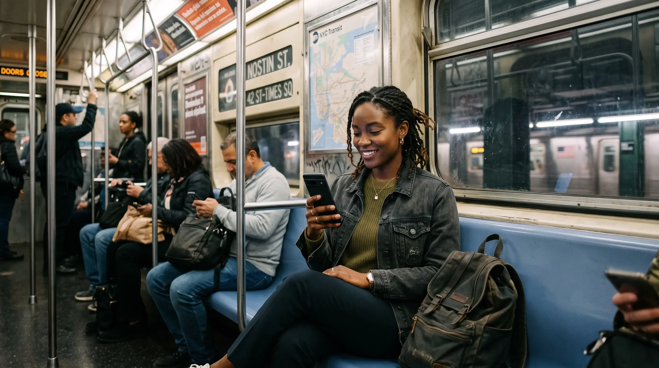 Young woman reads the news on her phone while on the subway