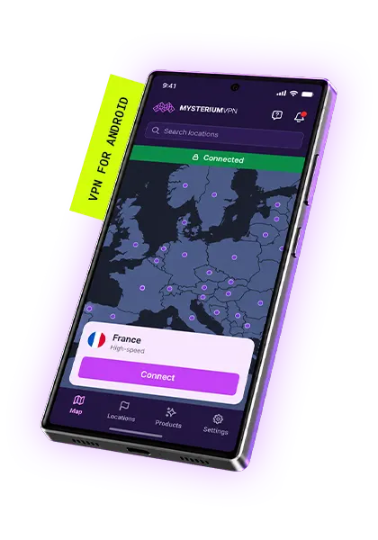 An Android with the Mysterium VPN app launched on its screen.
