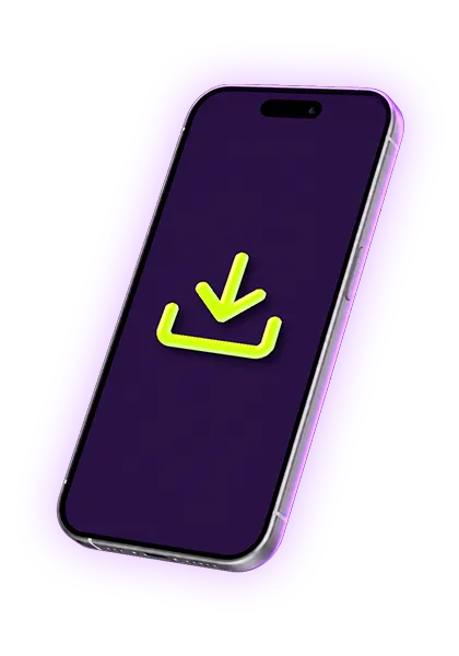 A smartphone with a bright yellow download icon on a dark purple background.