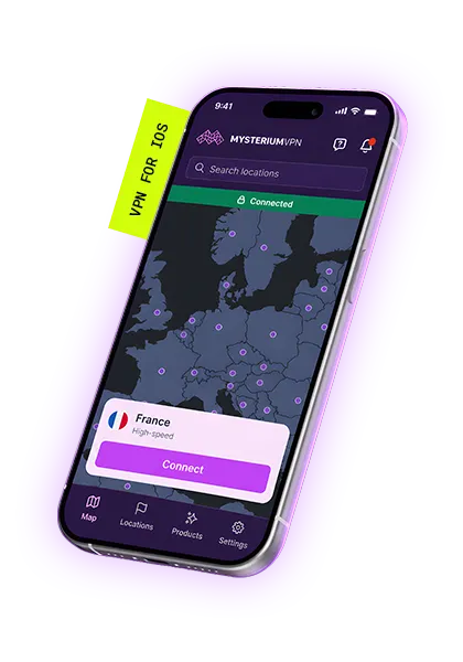 An iPhone with the Mysterium VPN app launched on its screen.