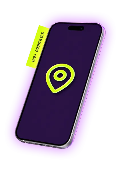 A smartphone with a bright yellow location pin icon on a dark purple background.