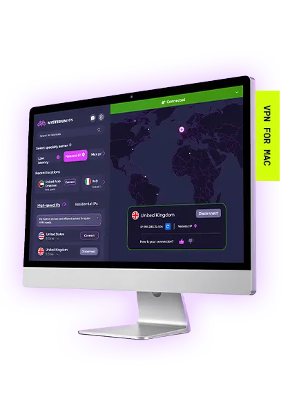 A Mac computer with the Mysterium VPN app launched on its screen.