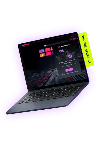 A laptop with Opera GX and Mysterium VPN loaded on its screen.