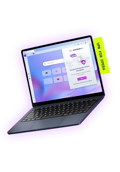 A laptop with Opera and Mysterium VPN loaded on its screen.
