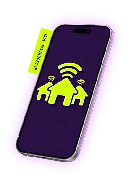 A smartphone with bright yellow house icons on a dark purple background.
