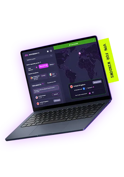 A Windows laptop with the Mysterium VPN desktop app loaded on its screen.