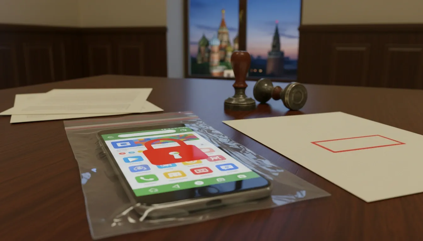 Smartphone inside an evidence bag is laying on a table in a courtroom in Russia while displaying a locked out app store