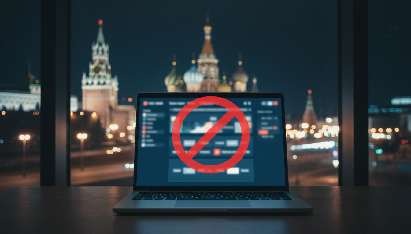 Laptop, which shows foreign crypto site being blocked, is standing on a table in front of a window with Russian city view behind it