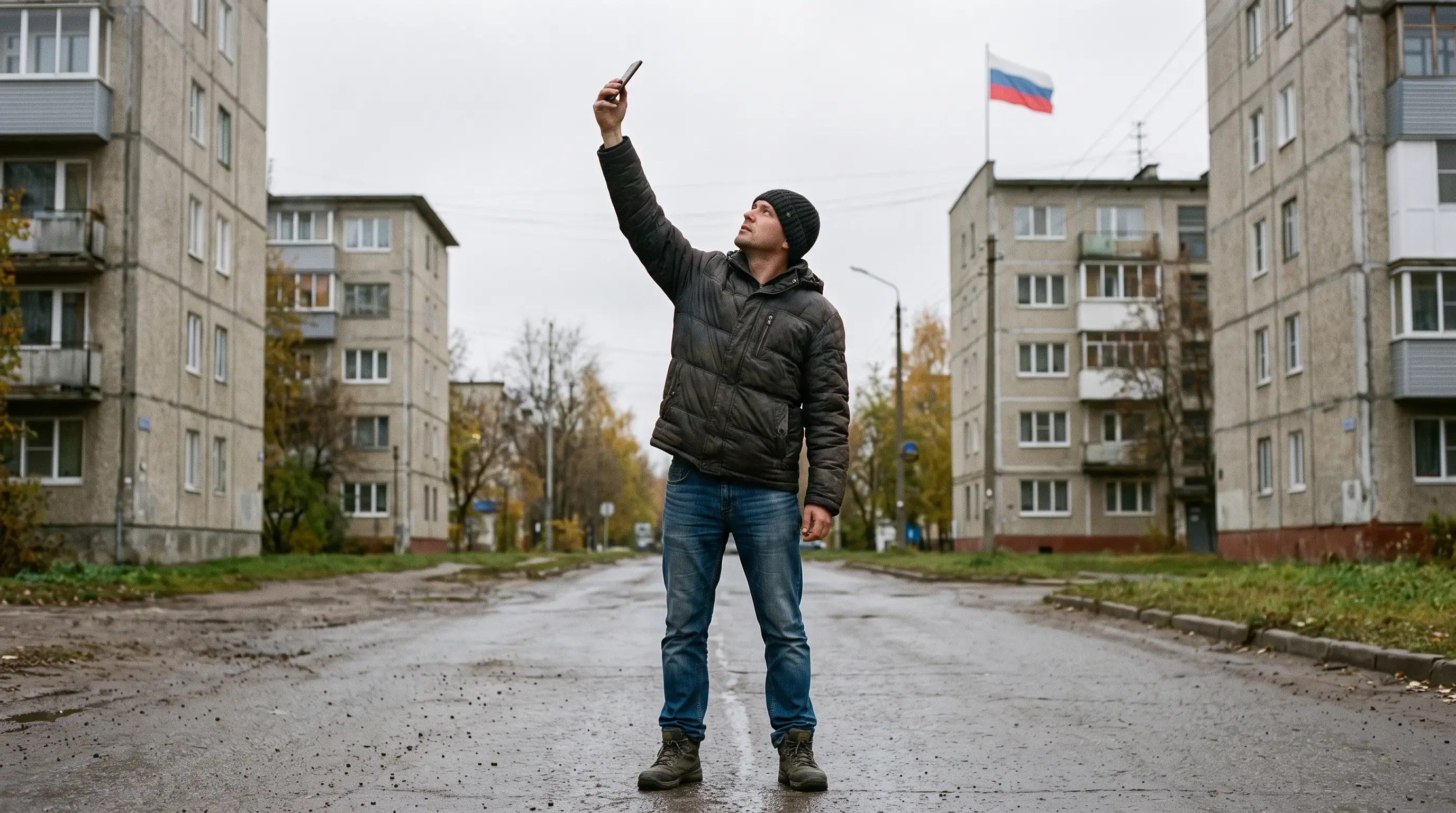 A Russian man raises his phone to the sky to get a Wi-Fi signal.