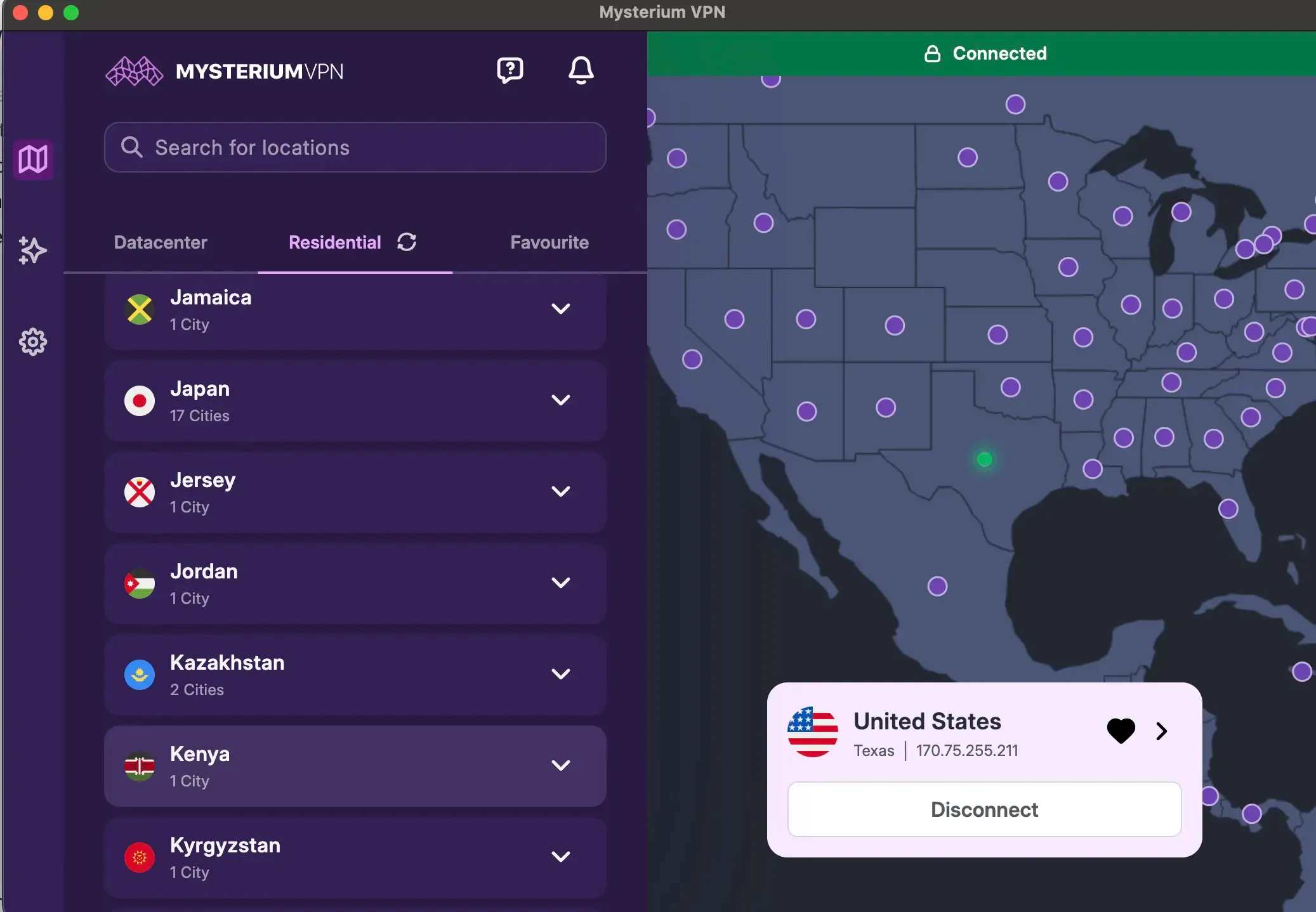 Marking a connected IP as a favorite in the Mysterium VPN app