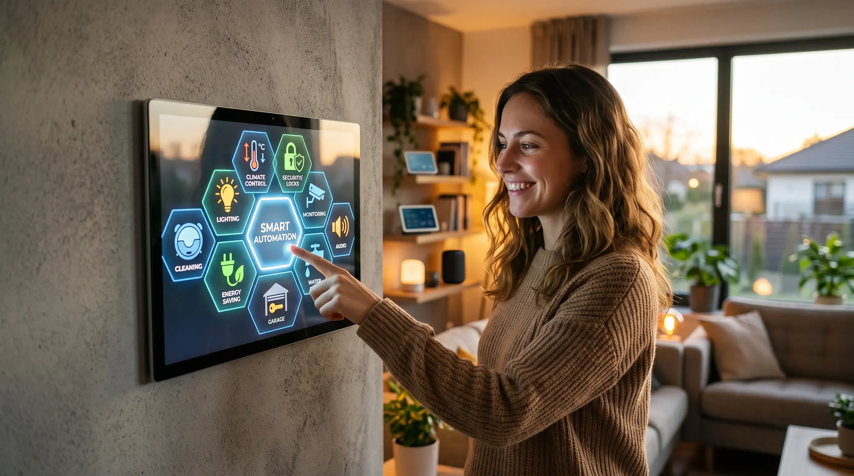 A woman controlling her smart home through a tablet