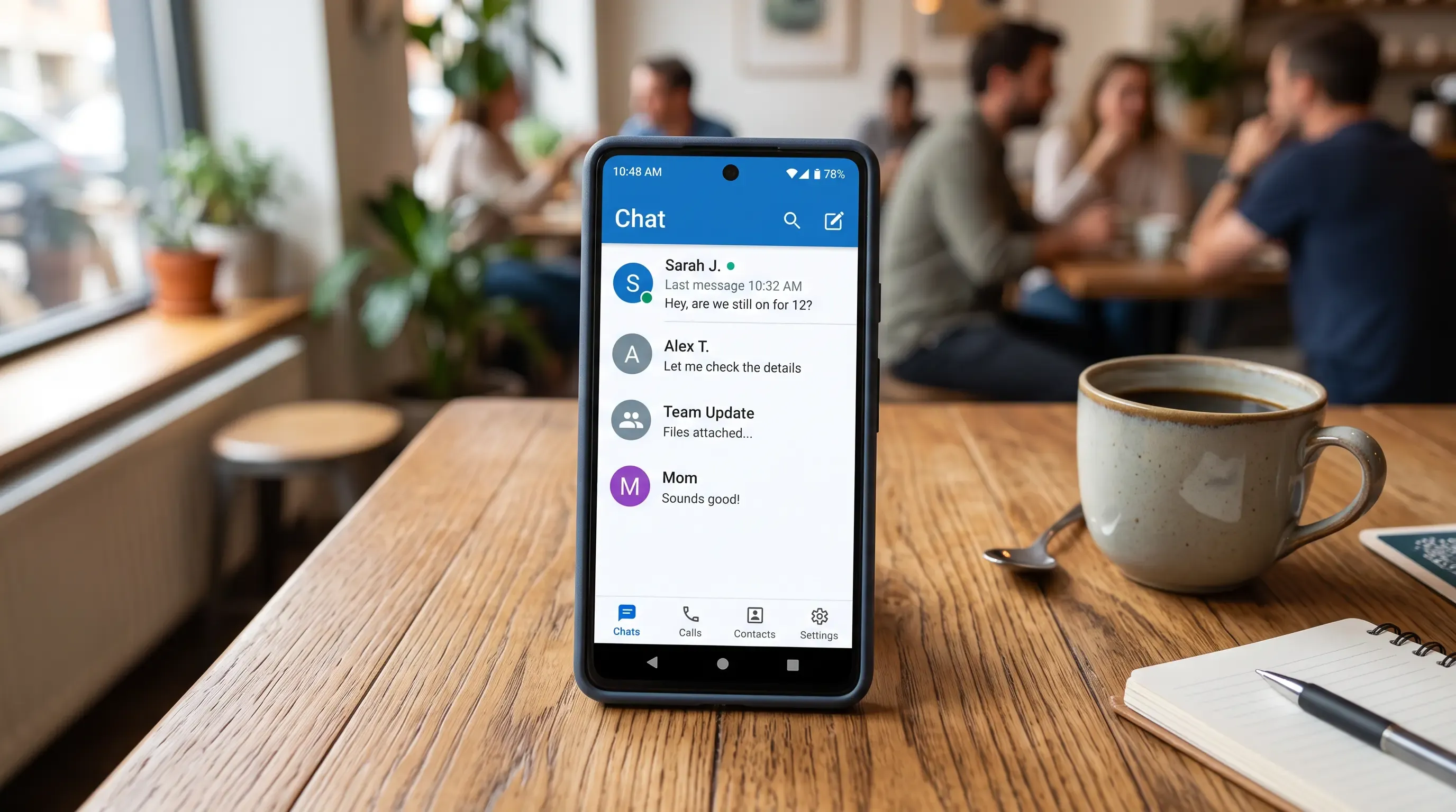 A smartphone with a nondescript chat app loaded on it.