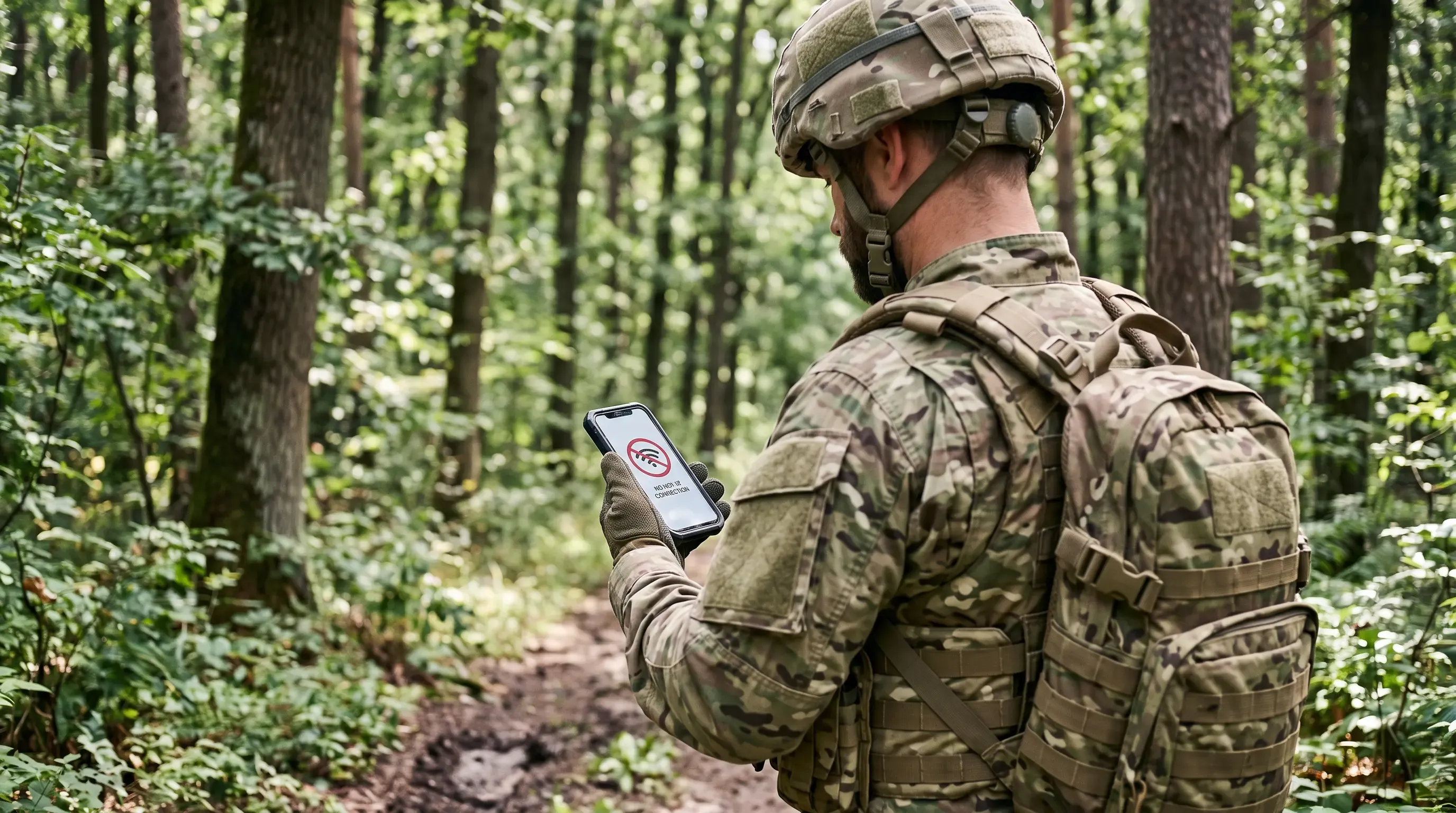A soldier can't use his phone because there's no Wi-Fi.