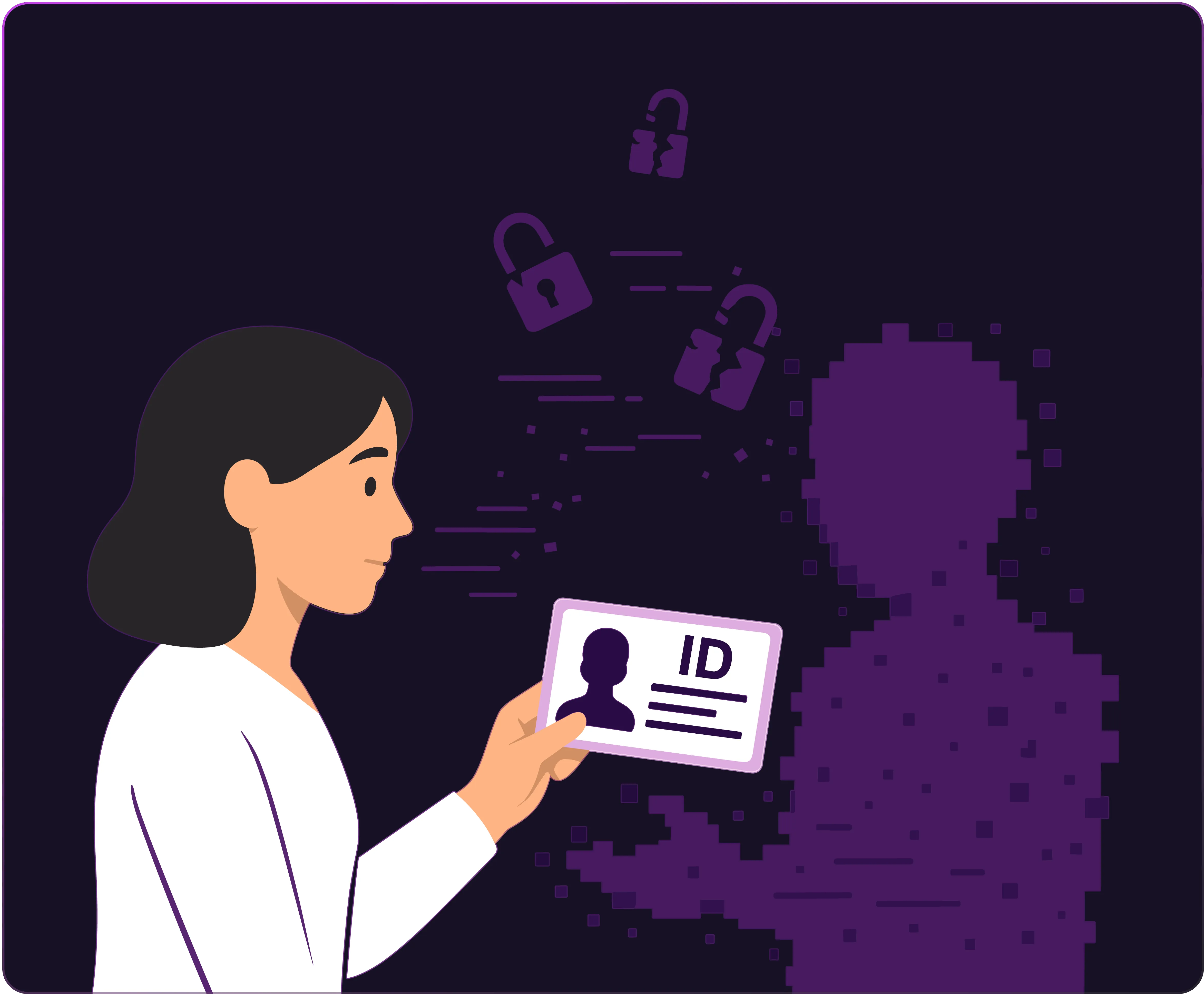 Woman holding an ID card while a pixelated digital silhouette and floating padlock icons symbolize online identity and privacy risks.