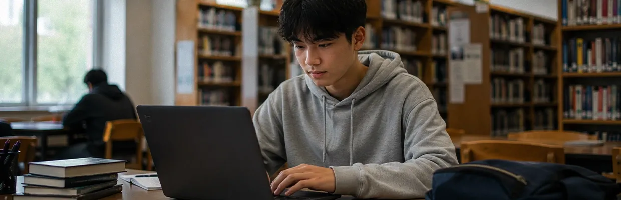 A university student uses his laptop in the library