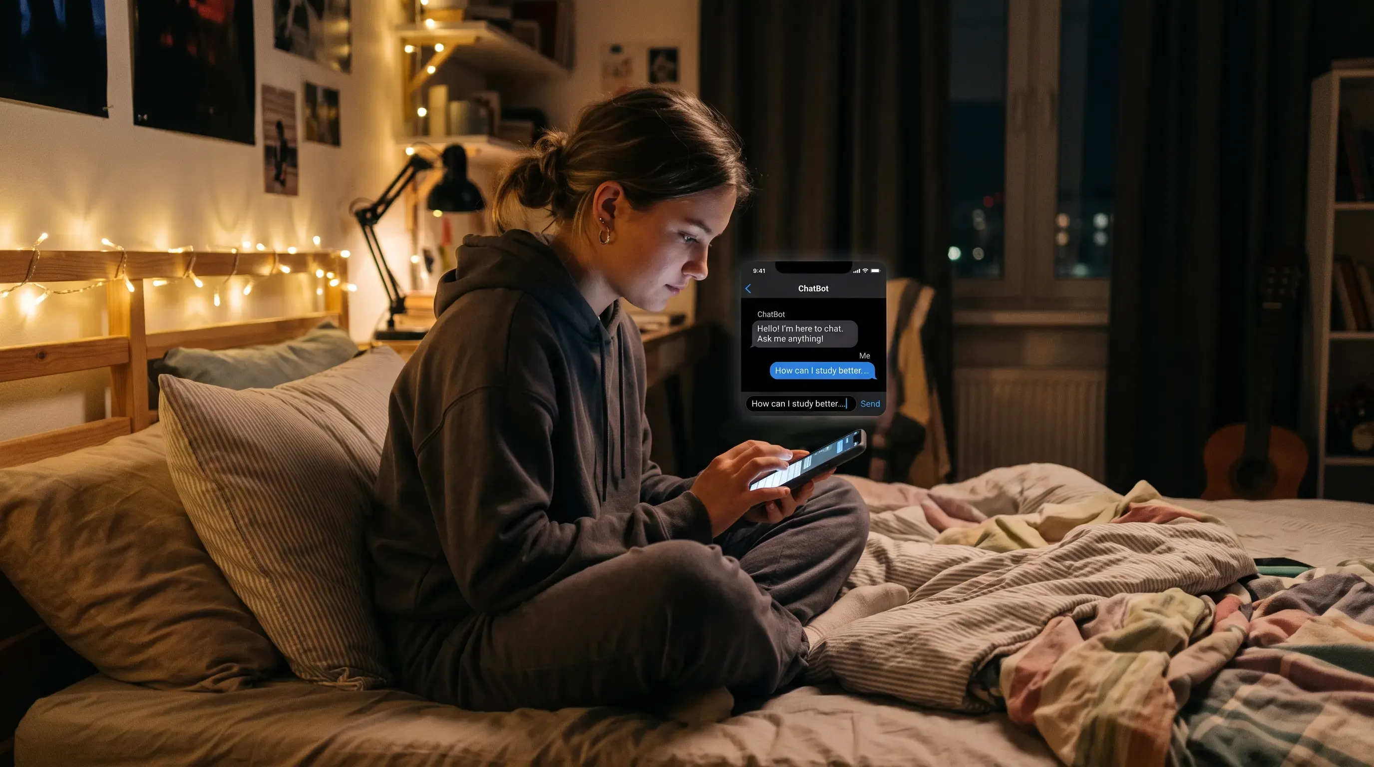 A teenager sitting on a bed at night, typing a message to a chatbot on a smartphone.