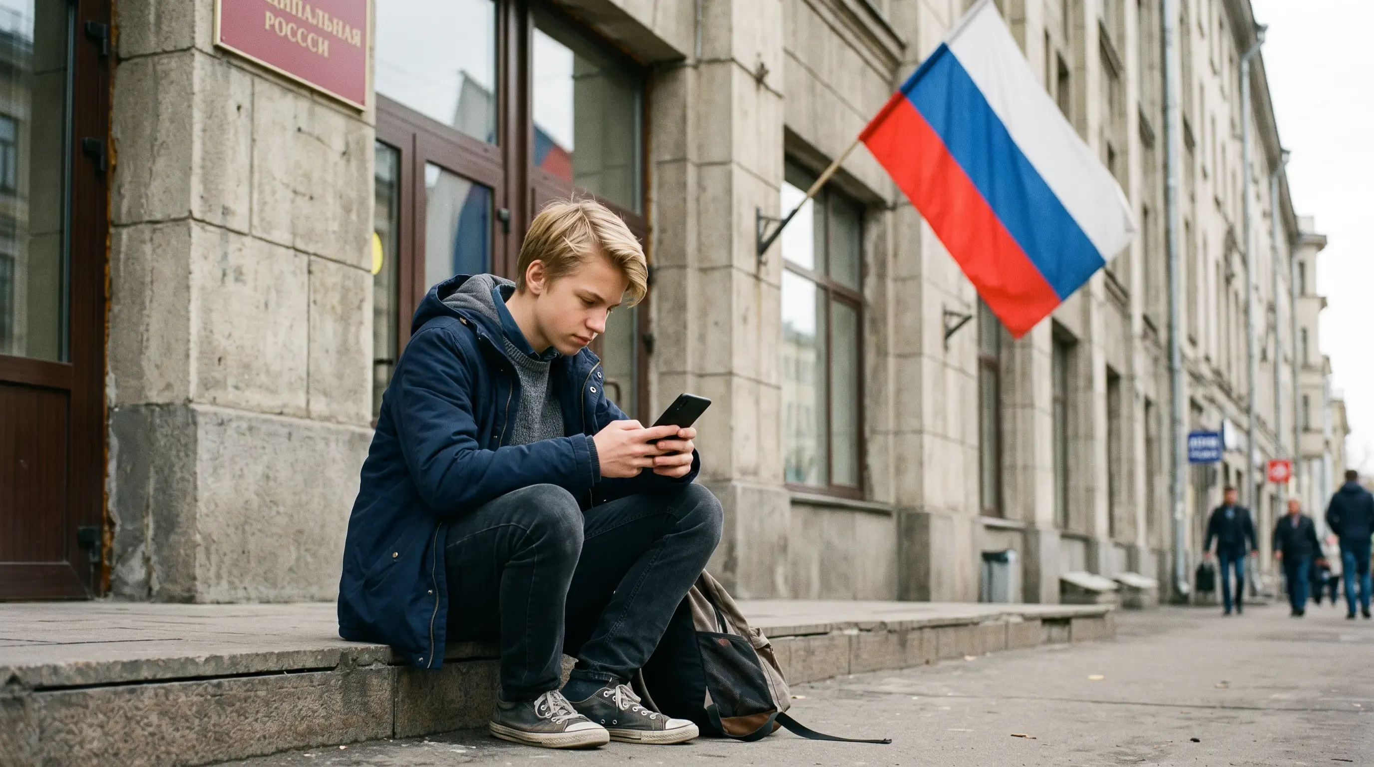 A teenage boy in Russia uses his phone outside