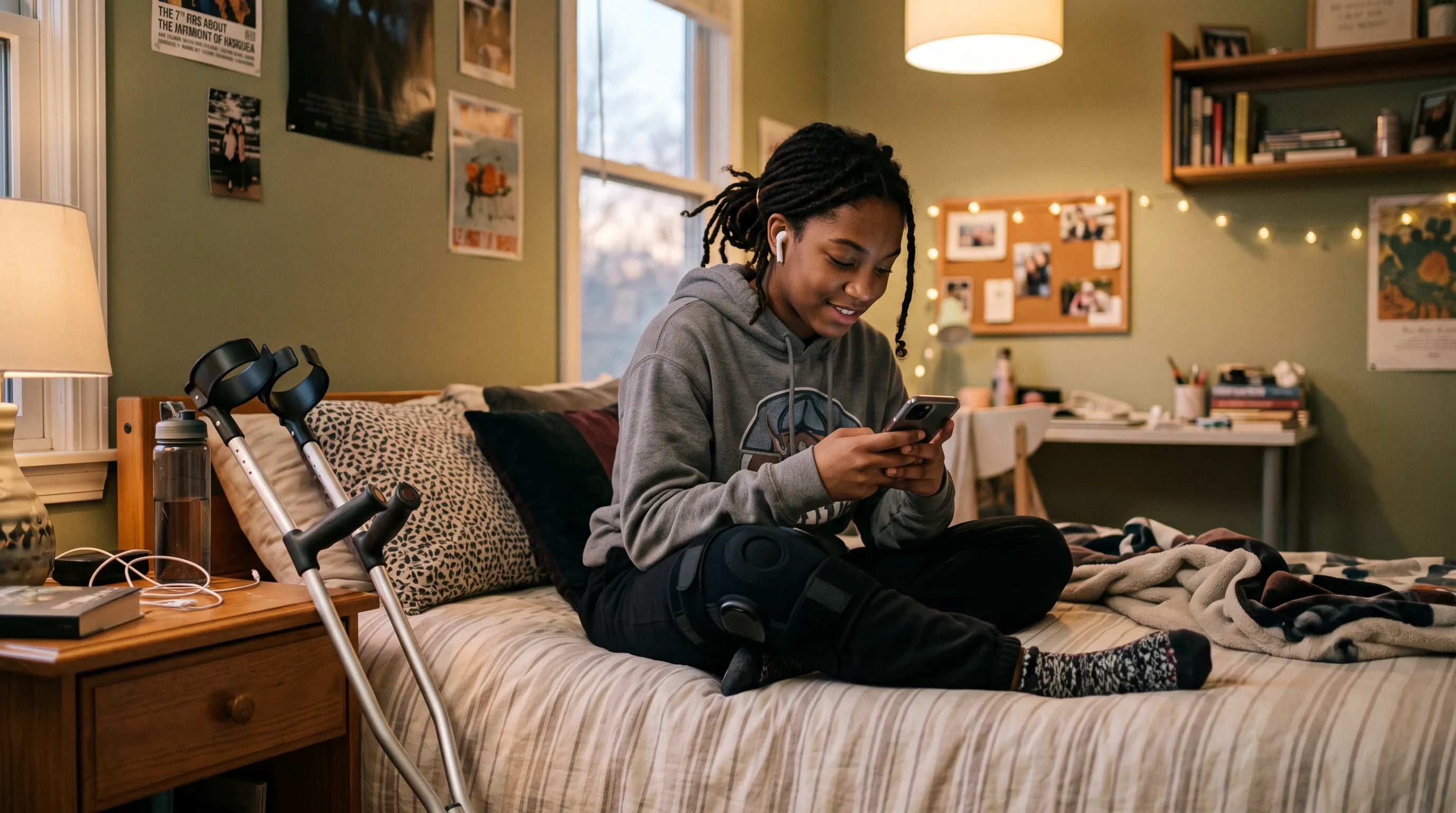 A teenage girl with a knee brace using her phone in her bedroom.
