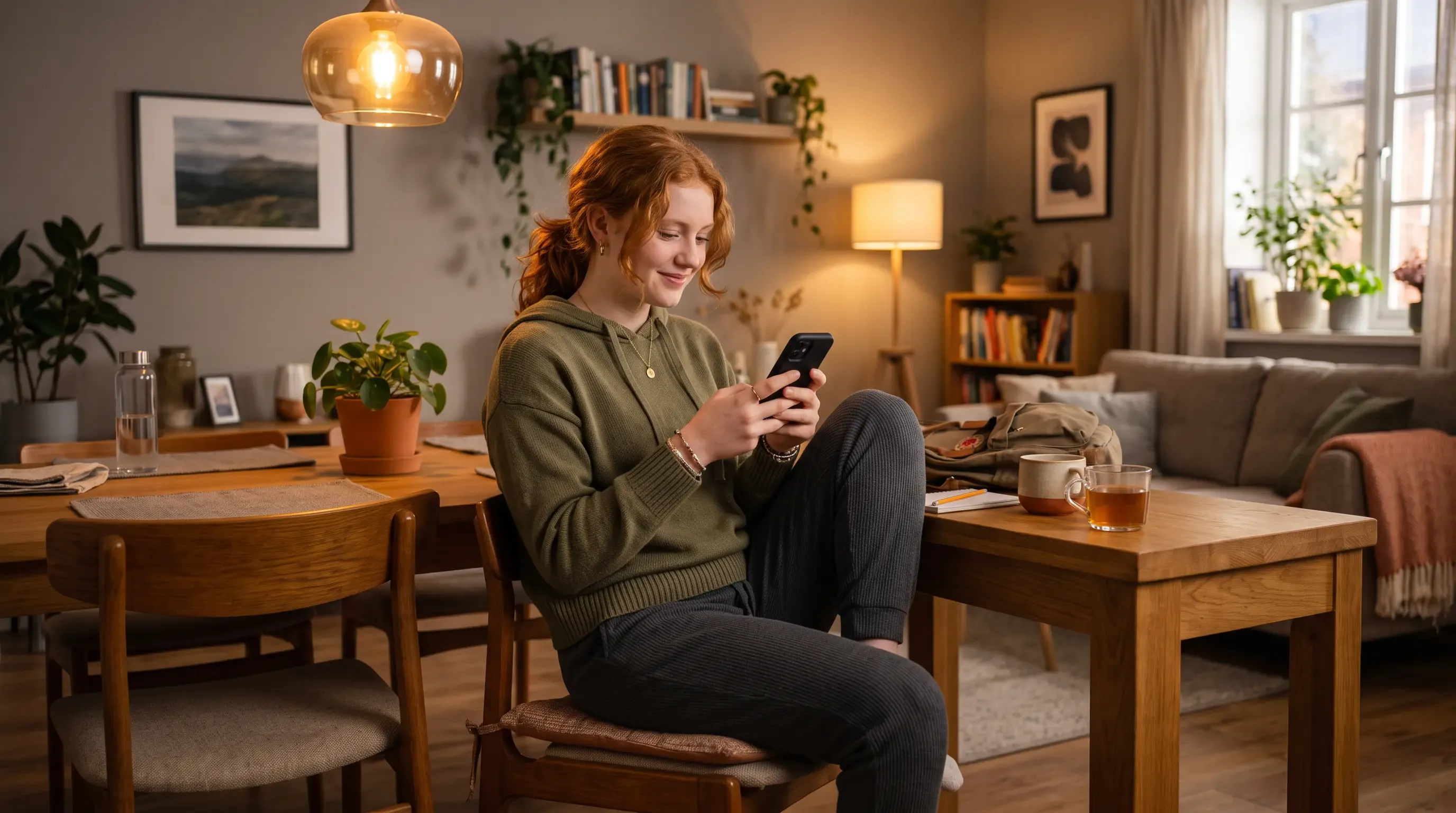 A teenage girl uses her phone at home