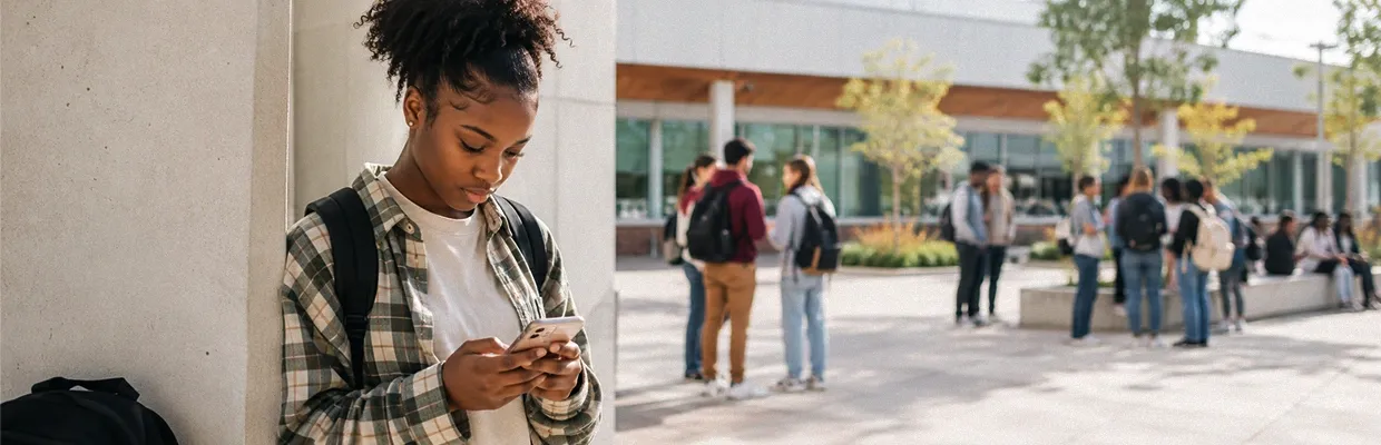 A teenage girl using her phone outside in the school yard