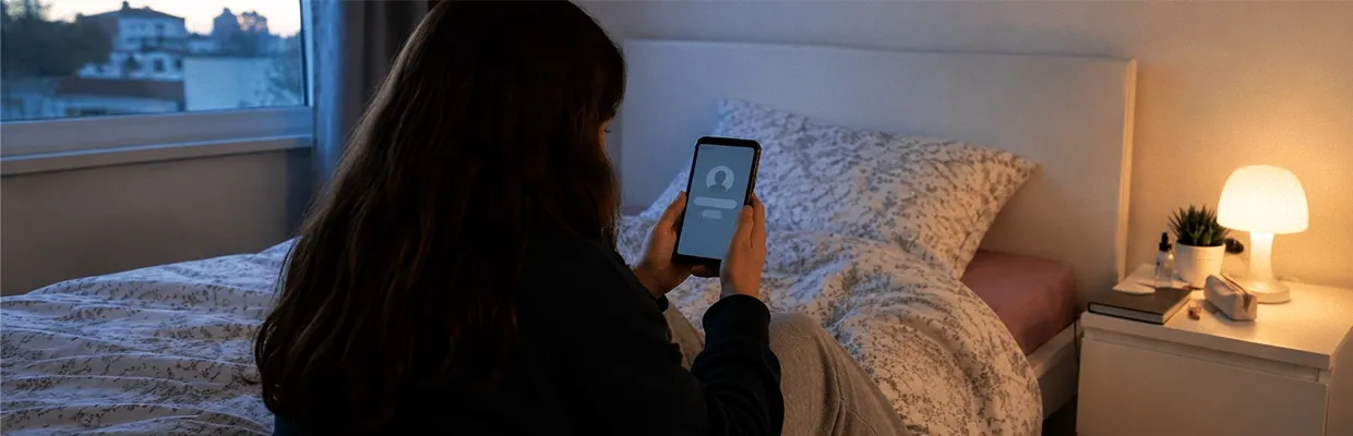 A teenage girl loking at her phone in her bedroom