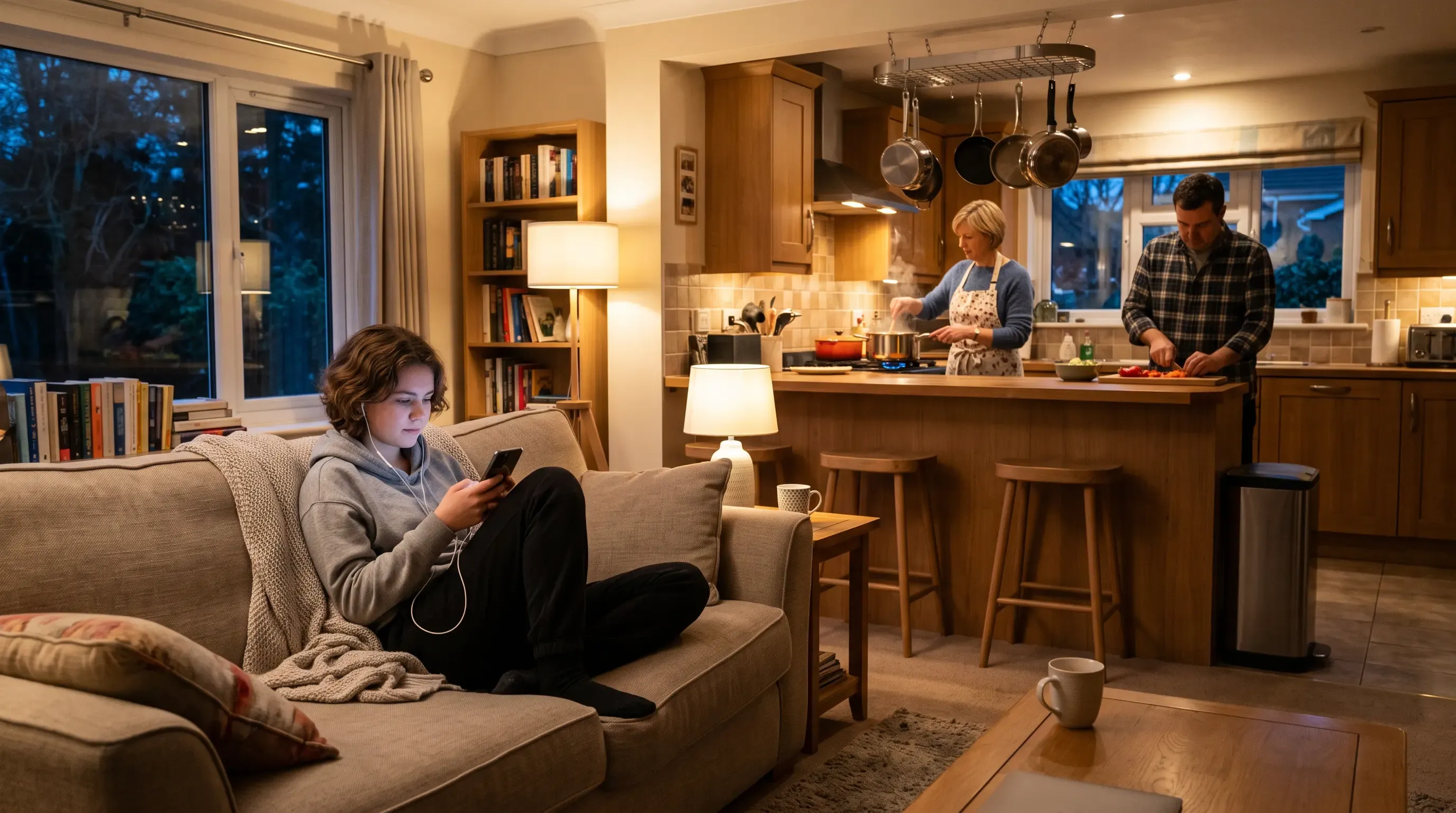 A teenage girl using her phone on the couch