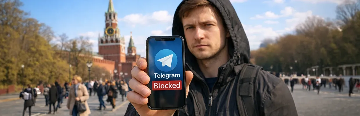 A man in Russia stands while holding out his phone which shows that Telegram is blocked