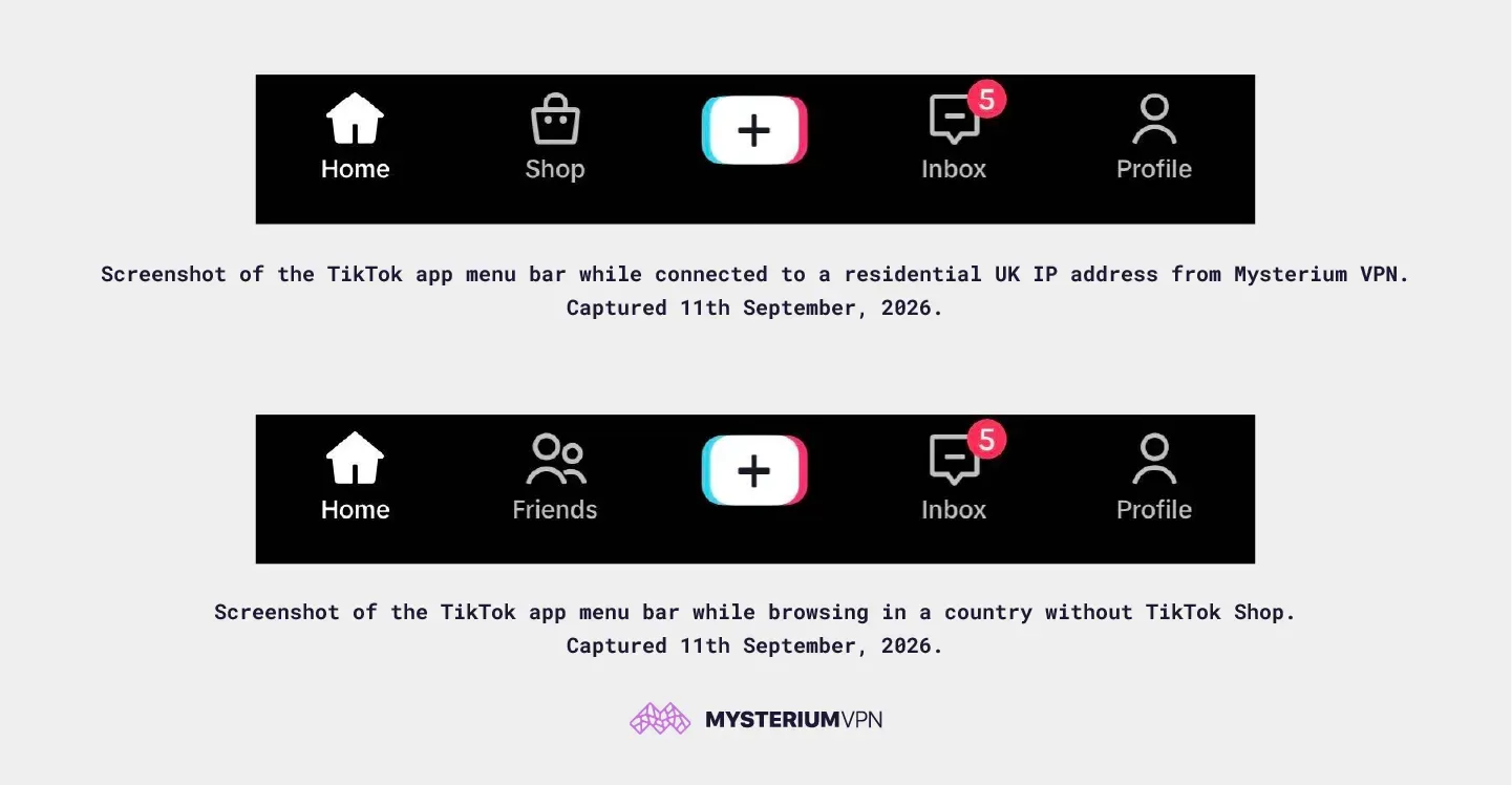 Screenshot of the TikTok app menu in the UK and Lithuania.