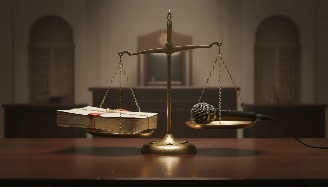 Court room with scales of justice at the front weighing legal documents and a microphone which symbolizes free speech