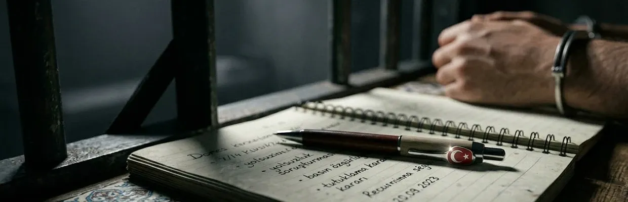 A handcuffed journalist is sitting behind bars with a notebook and a pen with Turkey's flag on it next to him