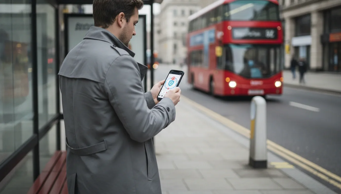 A man is standing at a bus stop in UK, holding his phone which shows a VPN being blocked