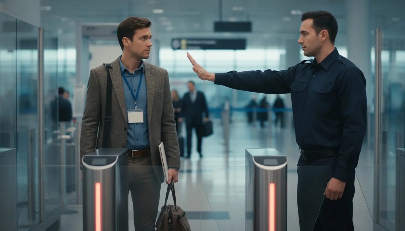 A scientist trying to enter US at the airport is stopped by the security guard