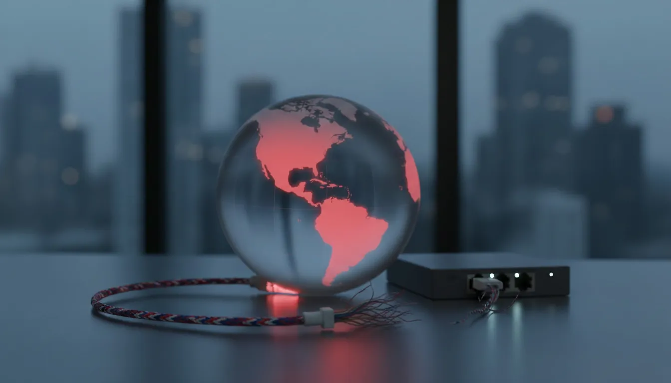 A transparent globe with continents light up red and a severed, USA-colored wire connected to it