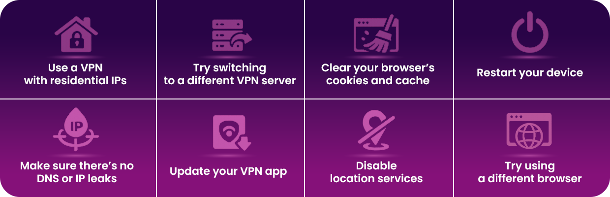 An illustration showing different ways to fix VPN not working with BBC iPlayer
