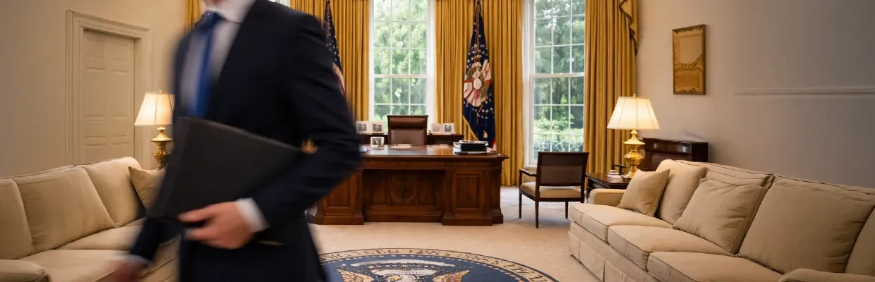 The oval office in the White House with one of the Trump administration's personnel waking by