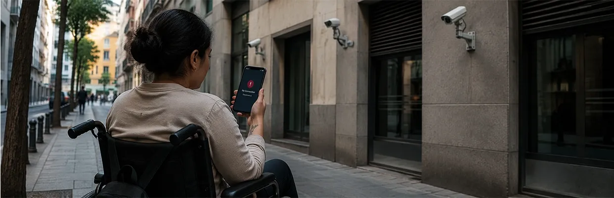 Woman in a wheelchair is being watched on the street by CCTV cameras
