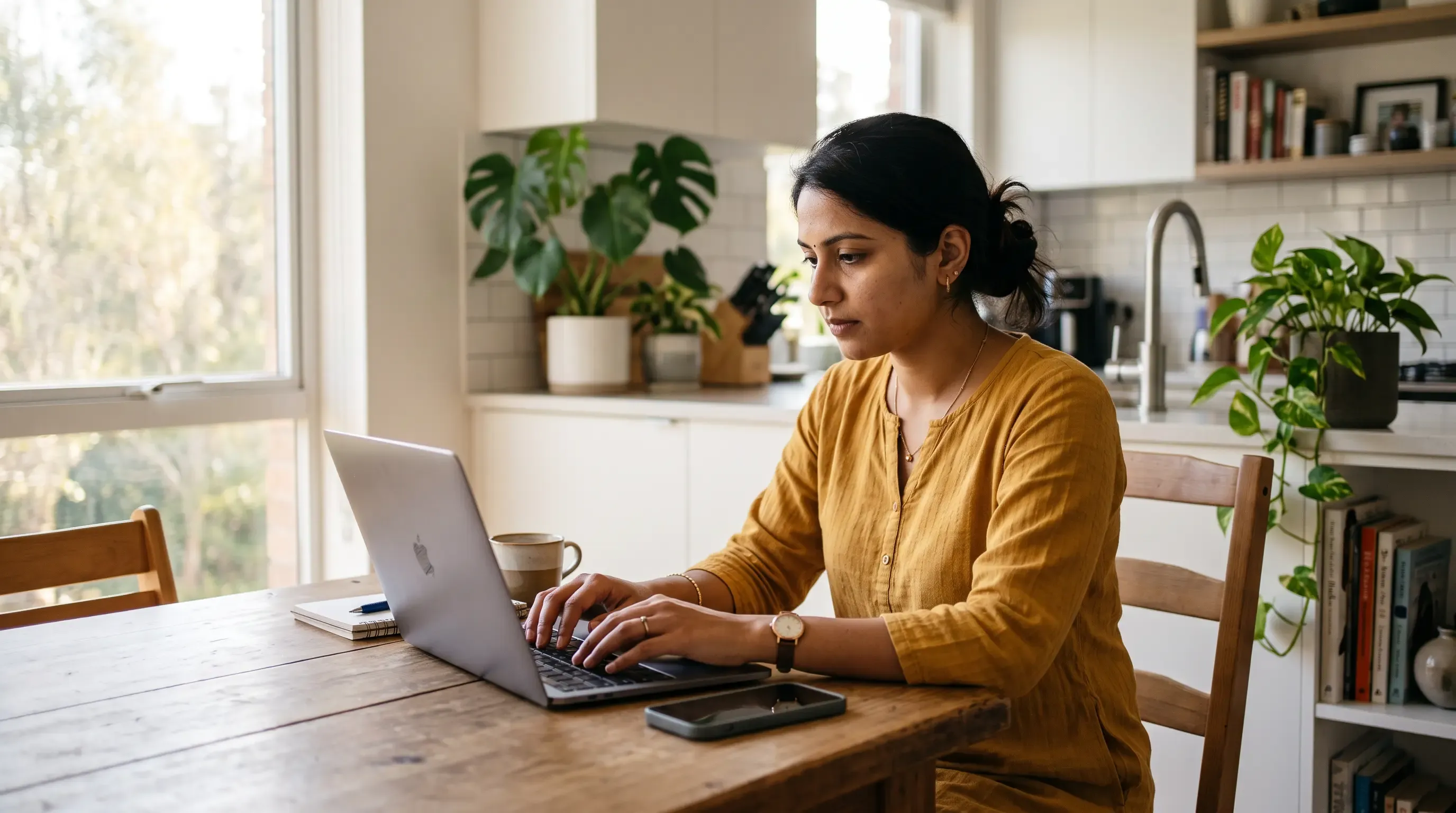 A South Asian woman working on a laptop at a kitchen table.