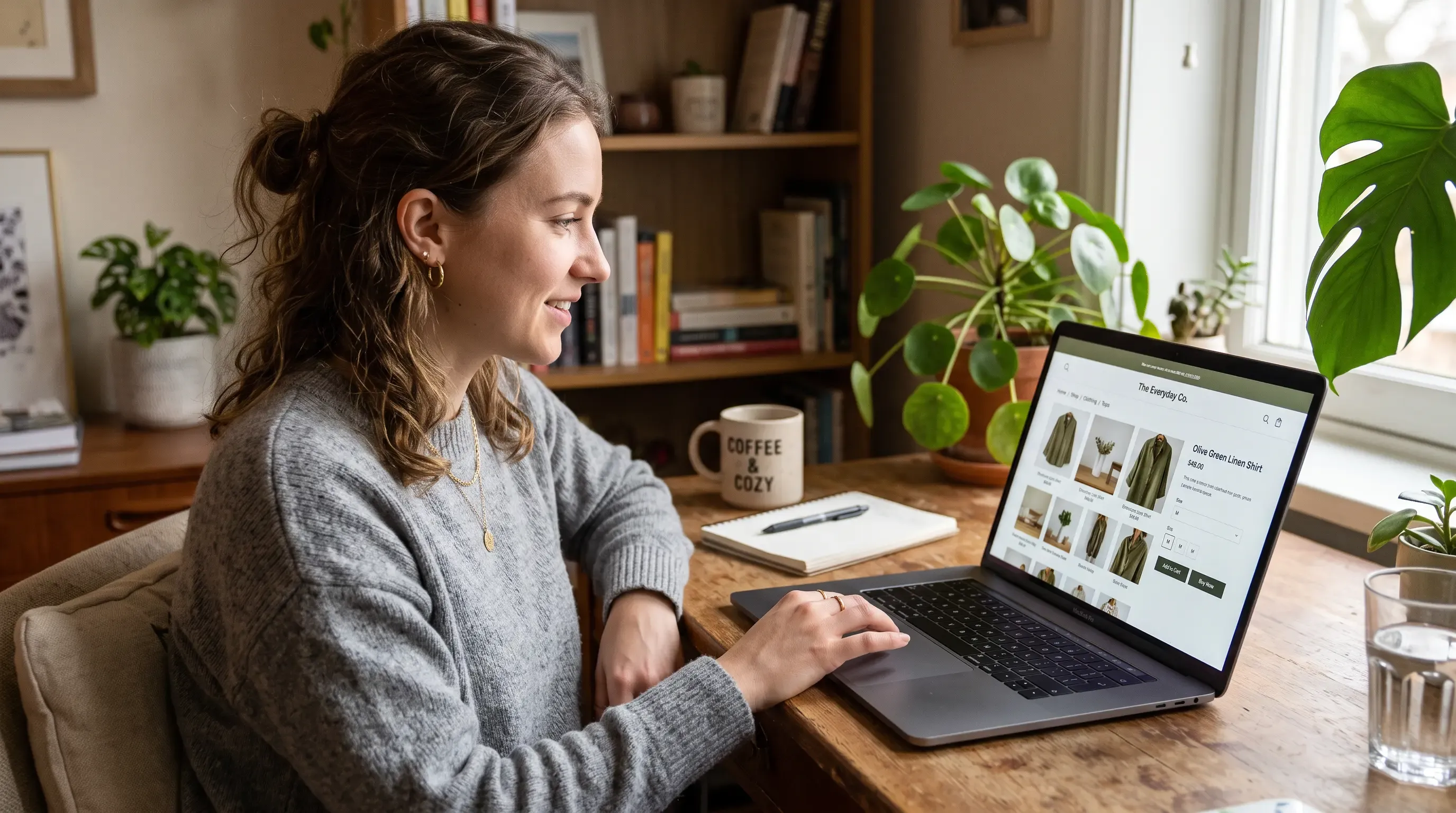 A woman online shopping at home.