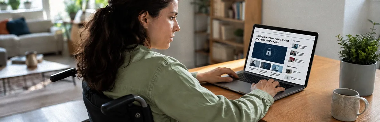A woman in a wheelchair is reading a news article on her laptop