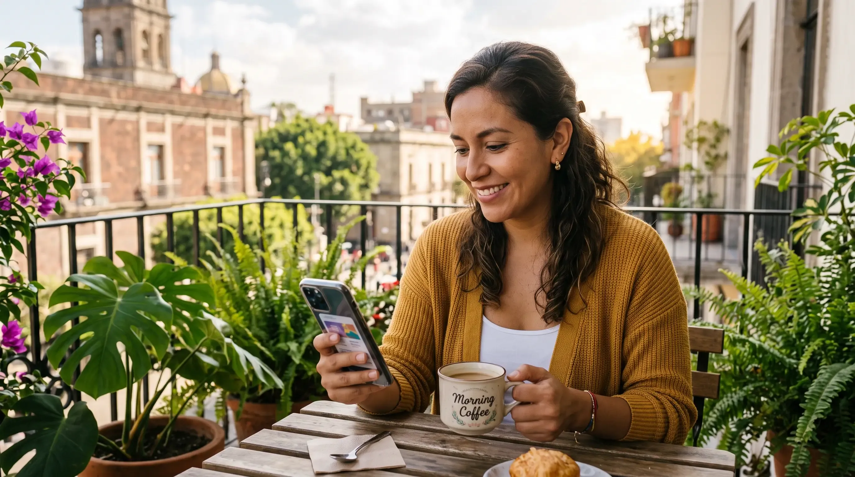 A woman reads the news on her phone while drinking coffee