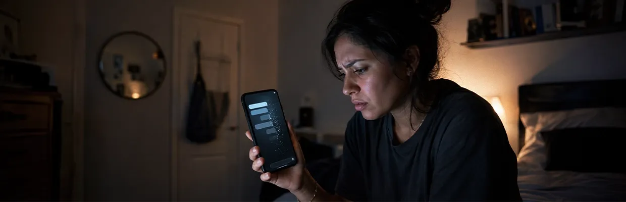 A woman using a messaging app in her dimly-lit bedroom