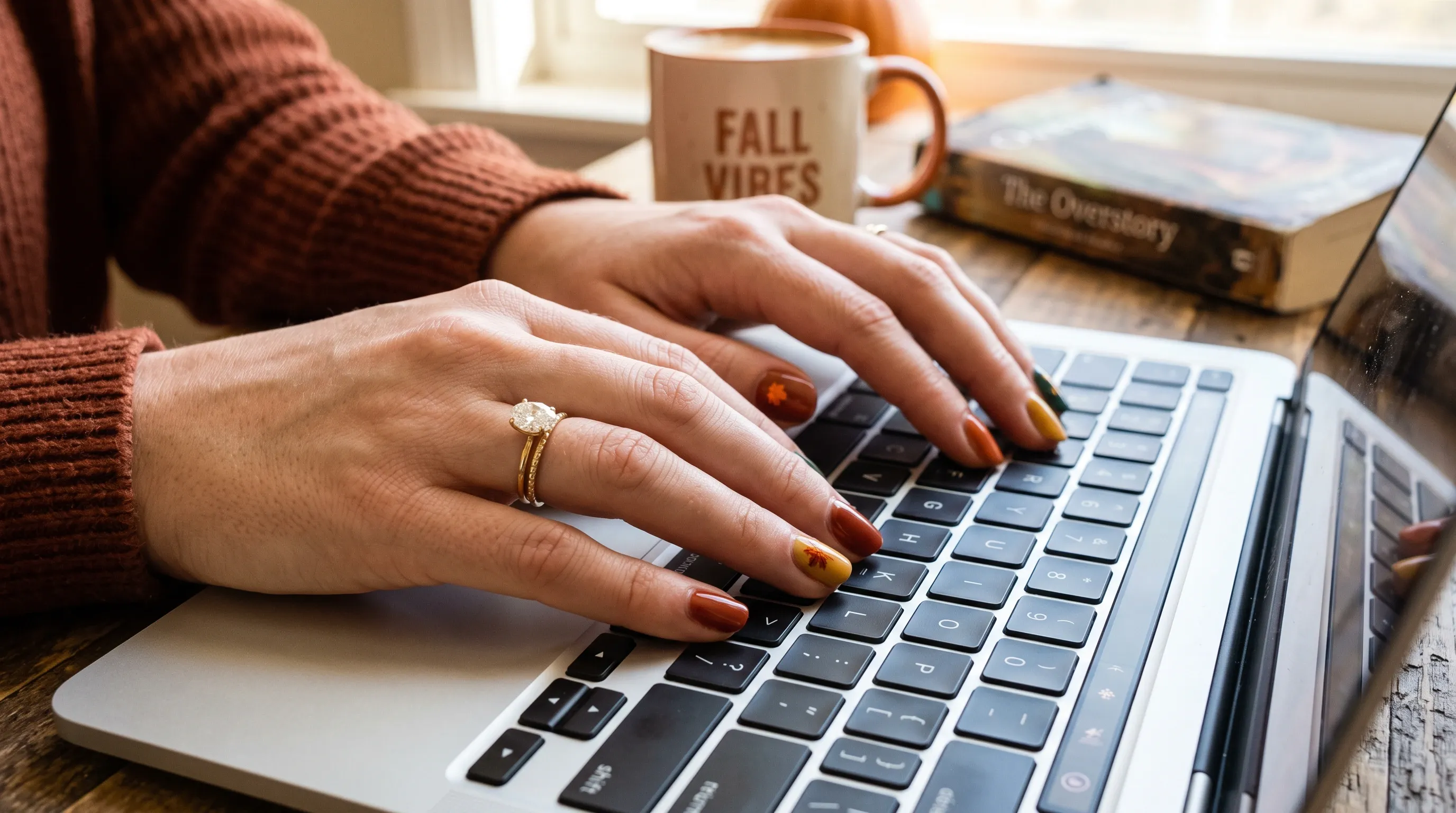 A close up of a woman's hands with an autumnal manicure typing into a laptop.
