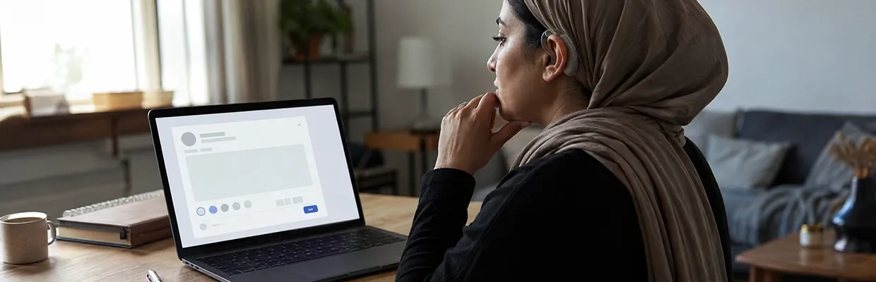 A hijabi woman with a hearing aid uses her laptop