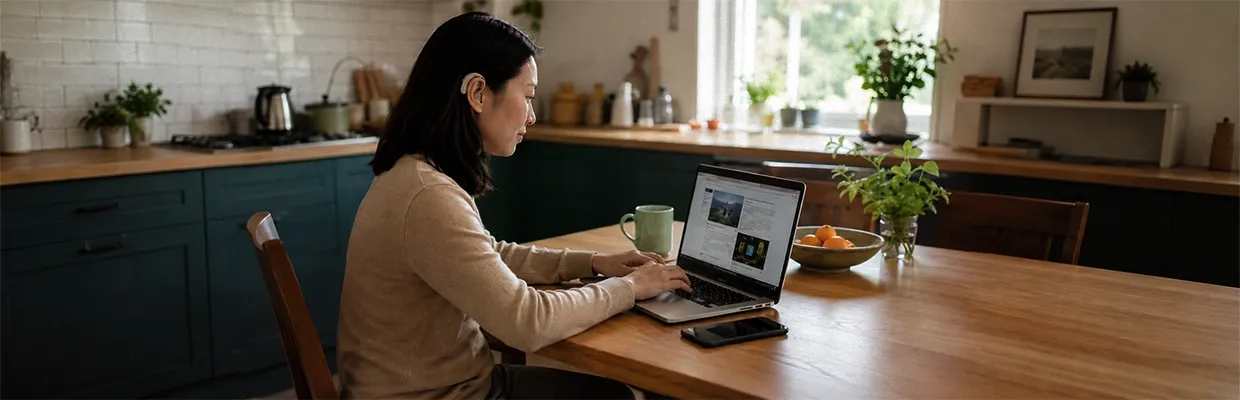 A woman with a hearing device uses her laptop at home
