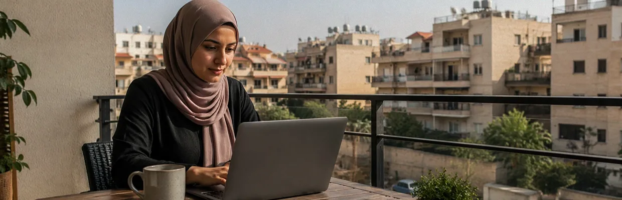 A woman uses her laptop on her balcony