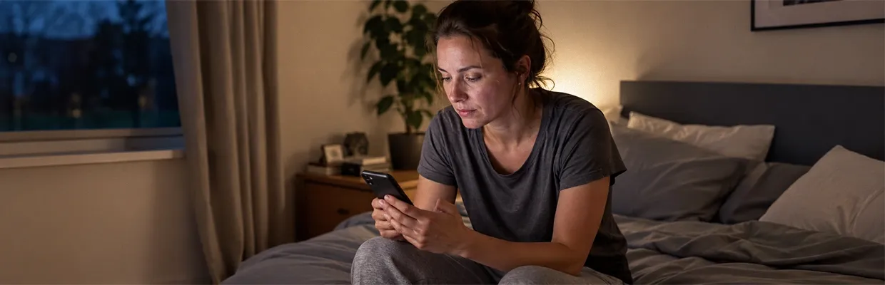 A woman uses her phone in her bedroom