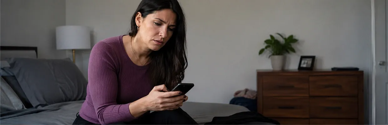A woman uses her phone at home