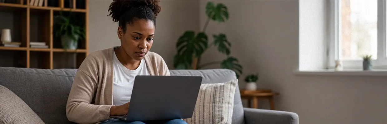 A woman using her laptop while sat on her living room couch