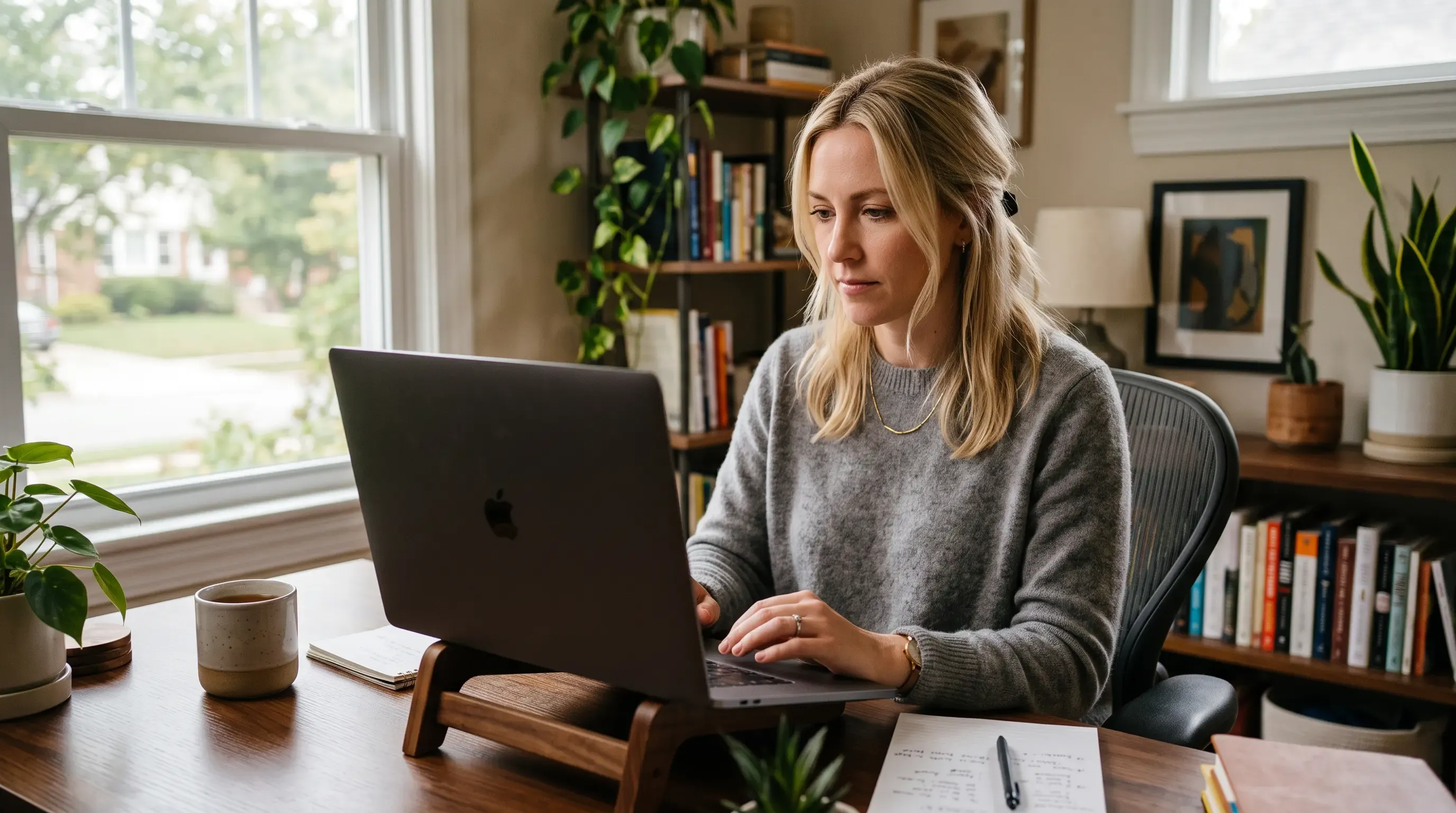 A blond woman working in her home office
